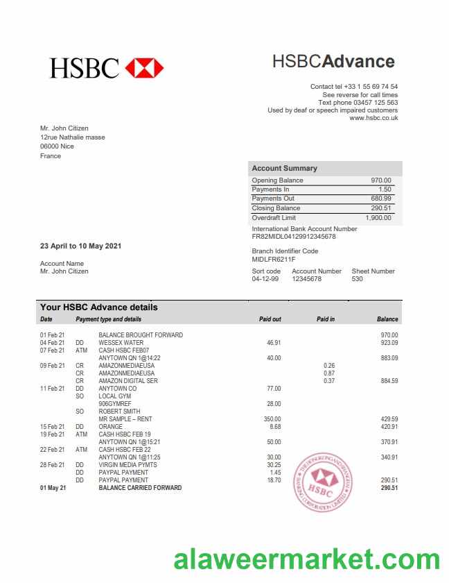 France HSBC bank statement template in Word and PDF format